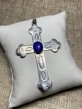 Vintage Sterling Silver 925 Cross Pendant Blue Stone Southwestern Style